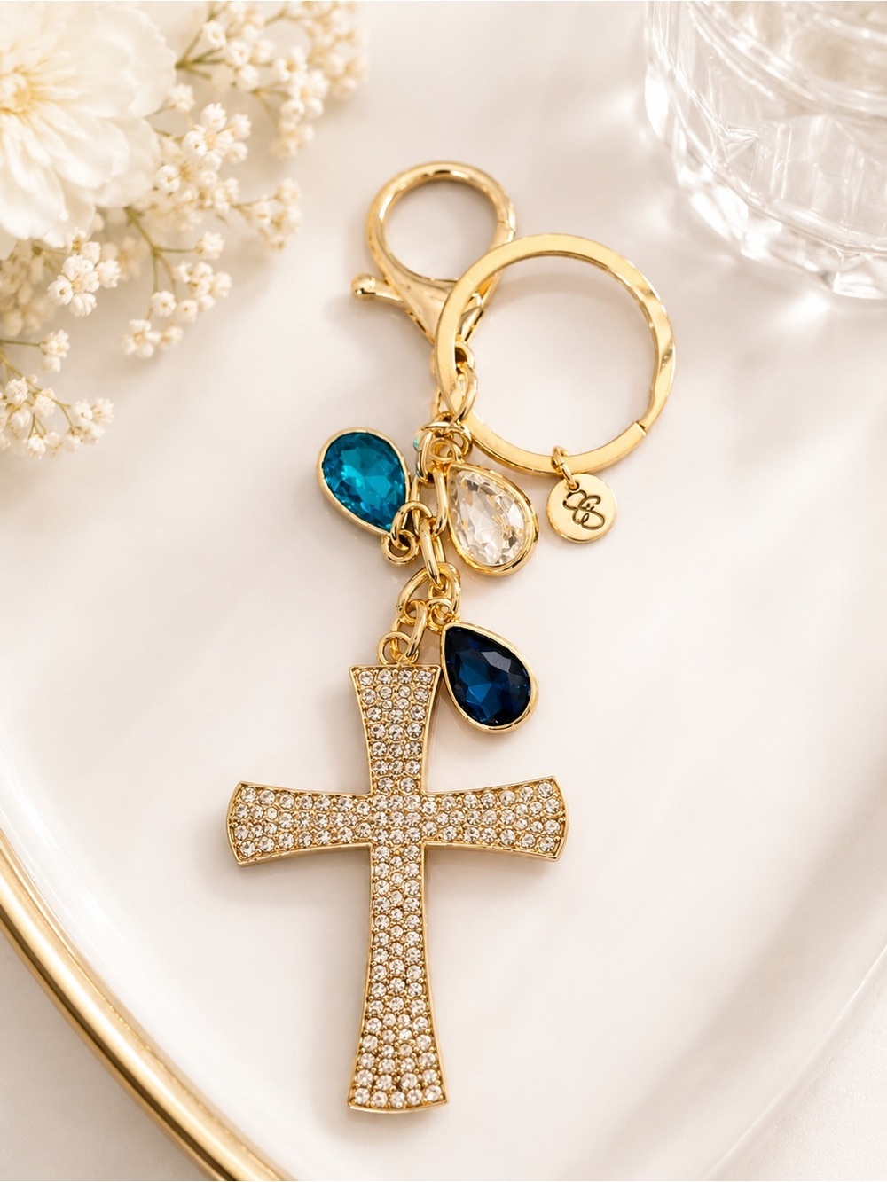 Jessica Simpson Gold Tone Rhinestone Cross Bag Charm & Keychain